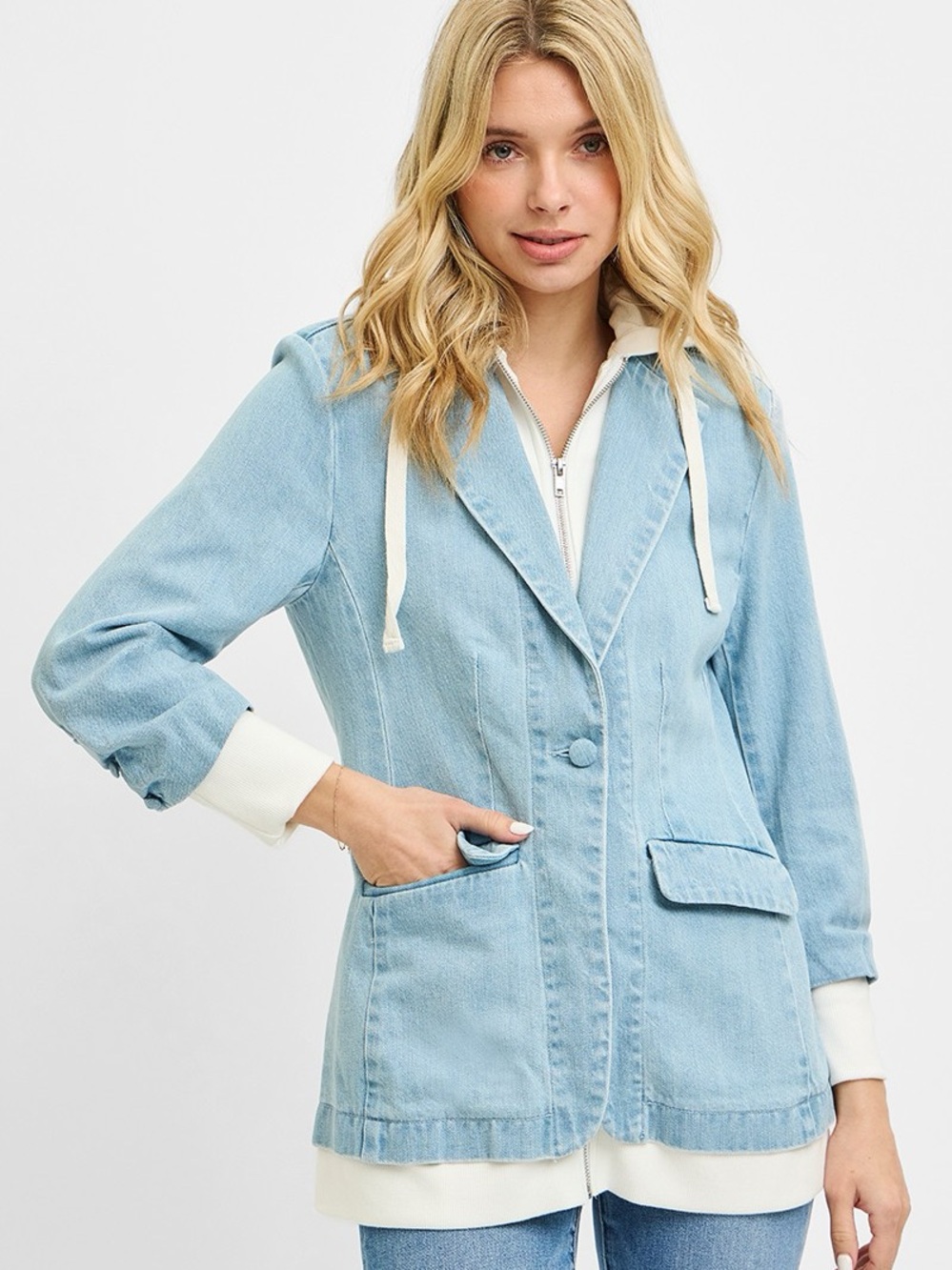 NWT RISEN Denim One Button Blazer Hoodie Jacket A6